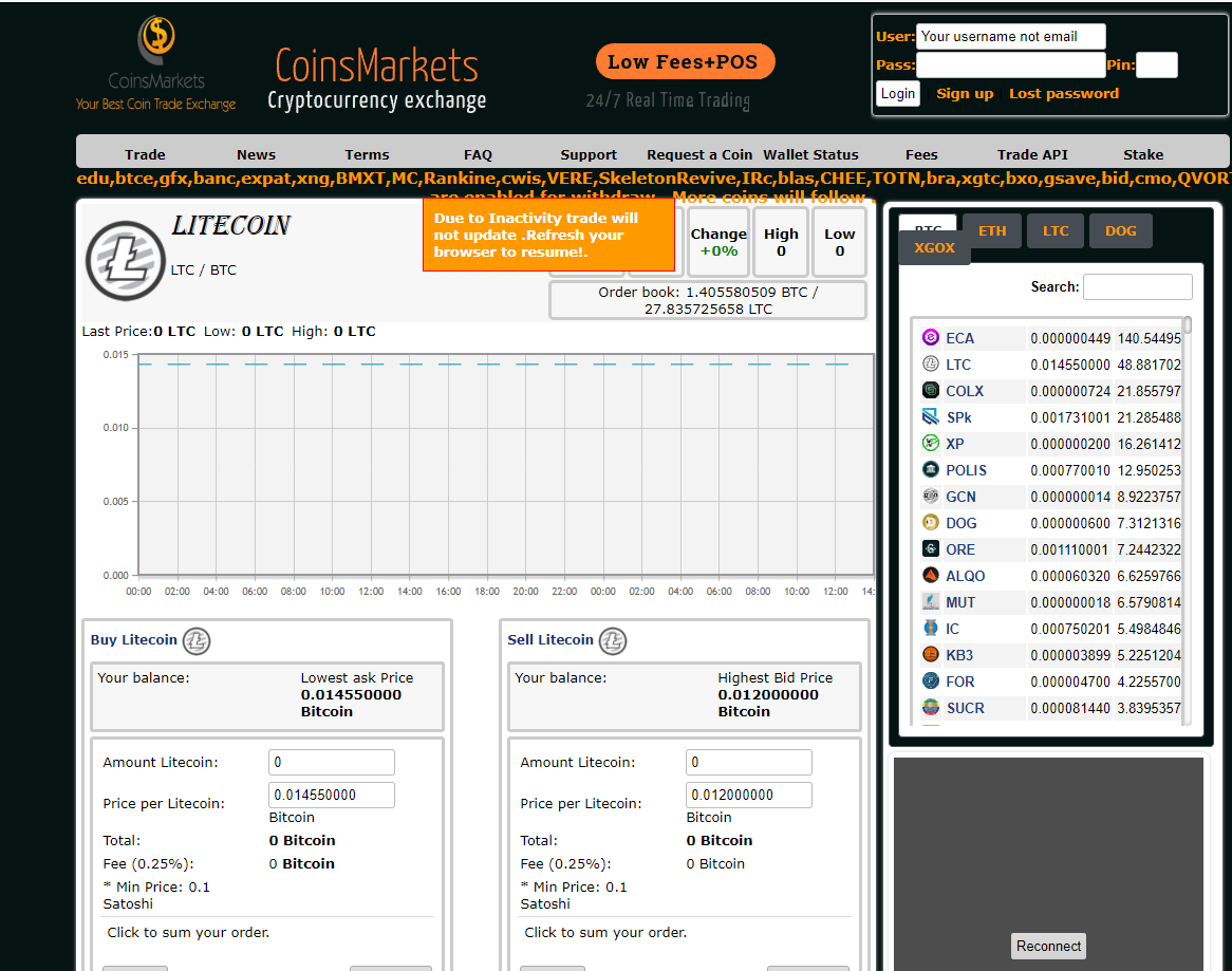 График вывода монет с Coinsmarkets - обновляемая таблица